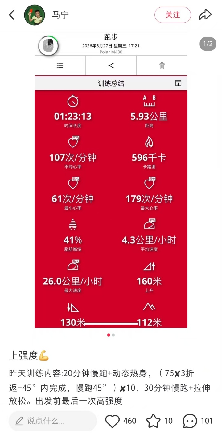 马宁入驻小红书,晒训练数据:启程前最后一练